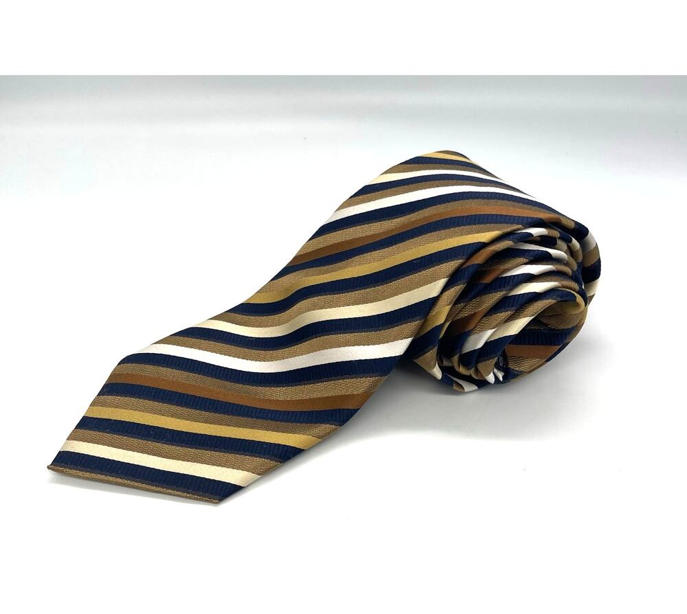 Roberto Villini Couture Necktie Repp Silk Tie Brown Tan Black Silver 58” x 4”